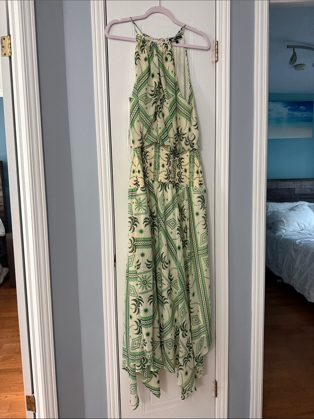 Green and Cream Patterned Halter Maxi Dress